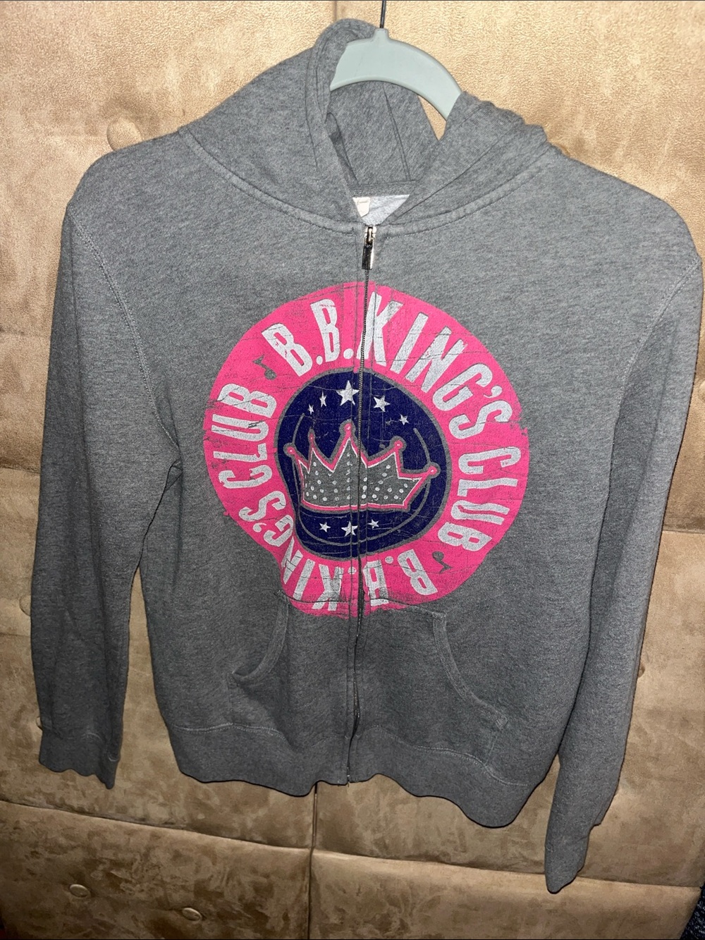 B.B. King’s Club Gray Zip-Up Hoodie for Kids with Pink Graphic